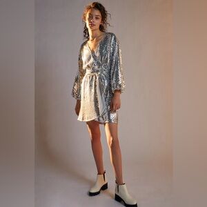 Anthropologie Sequin Lisabette Sequined Mini Dress Silver Wrap Dress Small